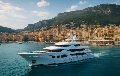 A luxury yacht cruising in Monaco's harbor with scenic buildings in the background