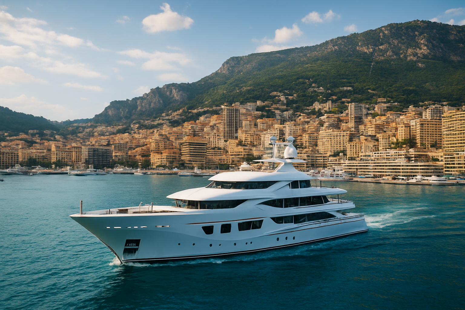 A luxury yacht cruising in Monaco's harbor with scenic buildings in the background