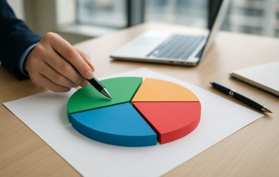 A hand pointing at a colorful pie chart made of foam pieces on a wooden desk, with a laptop and notebook in the backgrou