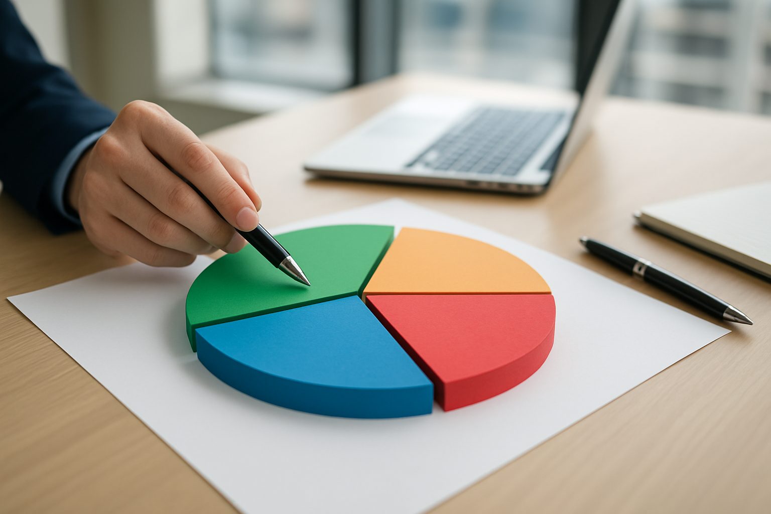 A hand pointing at a colorful pie chart made of foam pieces on a wooden desk, with a laptop and notebook in the backgrou