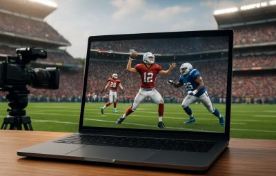 A laptop displaying a virtual football game with animated players on the screen and a camera in the background, set in a