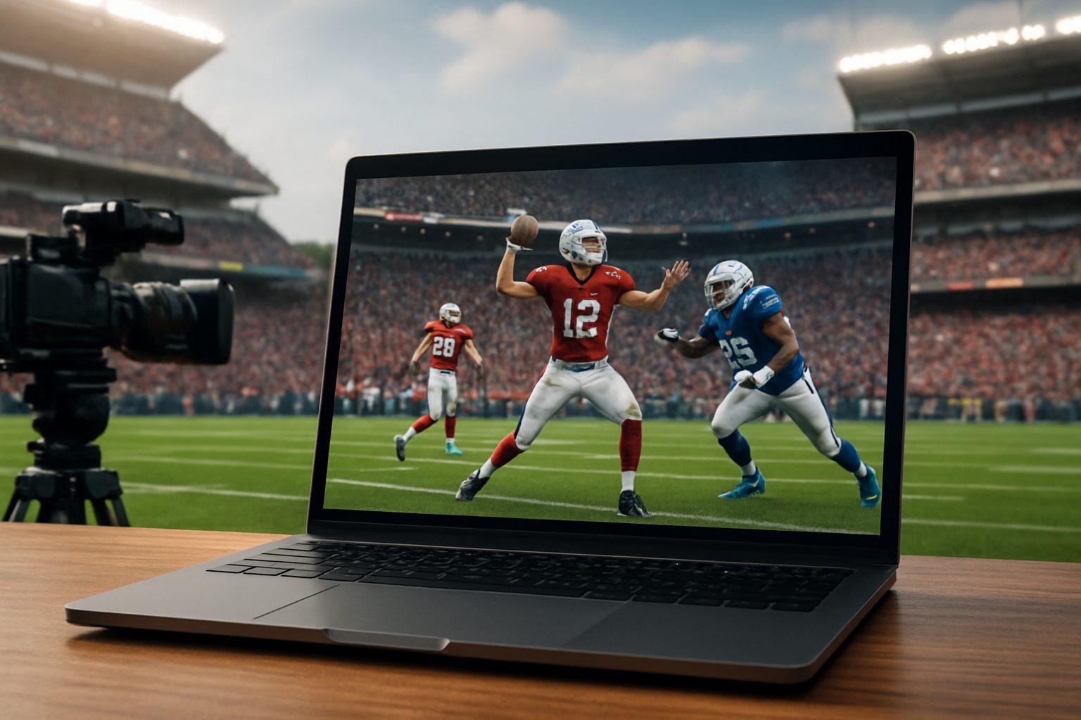 A laptop displaying a virtual football game with animated players on the screen and a camera in the background, set in a