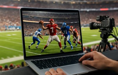 A laptop displaying a digital rendering of a quarterback throwing a football with a blurred football stadium in the back