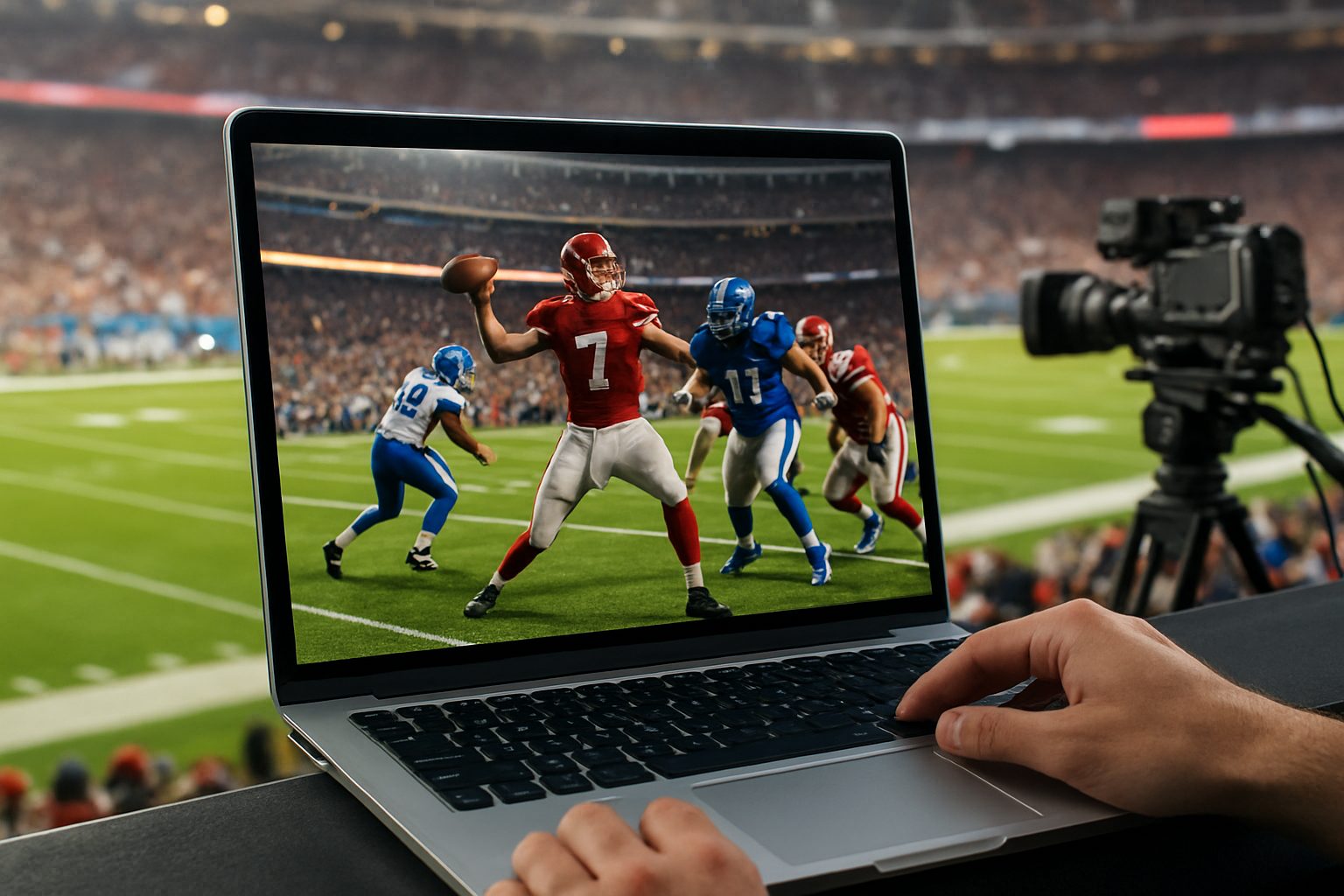 A laptop displaying a digital rendering of a quarterback throwing a football with a blurred football stadium in the back