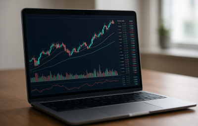 A close-up of a laptop displaying a financial trading interface with colorful charts and graphs.