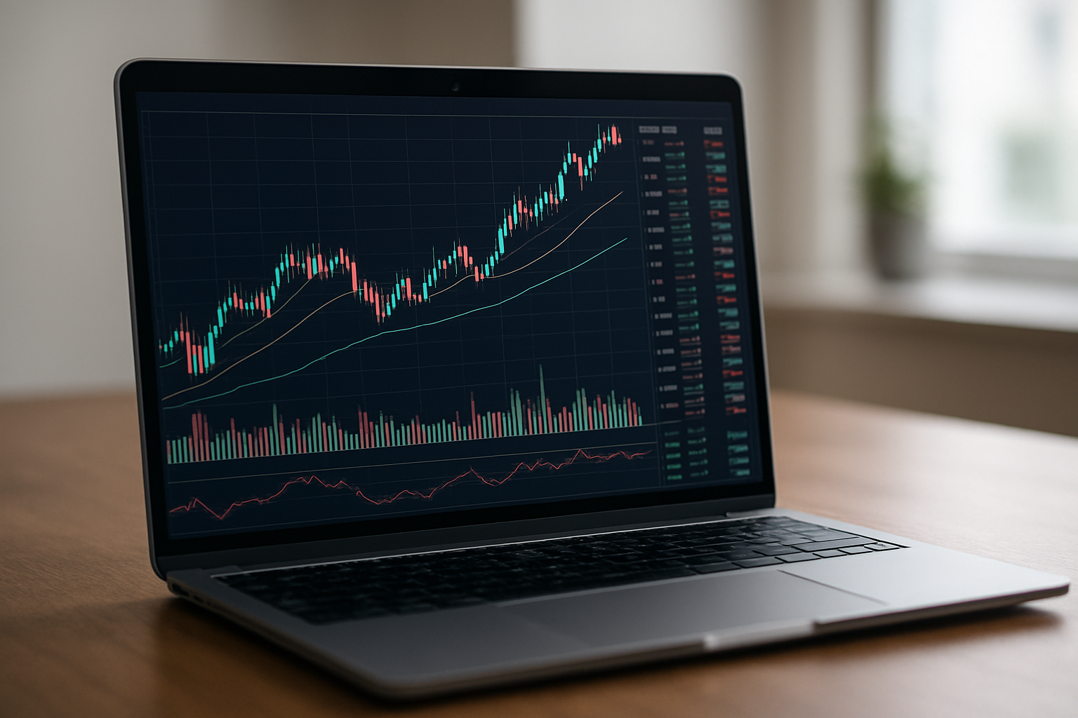 A close-up of a laptop displaying a financial trading interface with colorful charts and graphs.